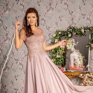 NEW FLOOR LENGTH FORMAL A-LINE DRESS EMBROIDERED WITH BEADS & FLORAL LACE GL3492